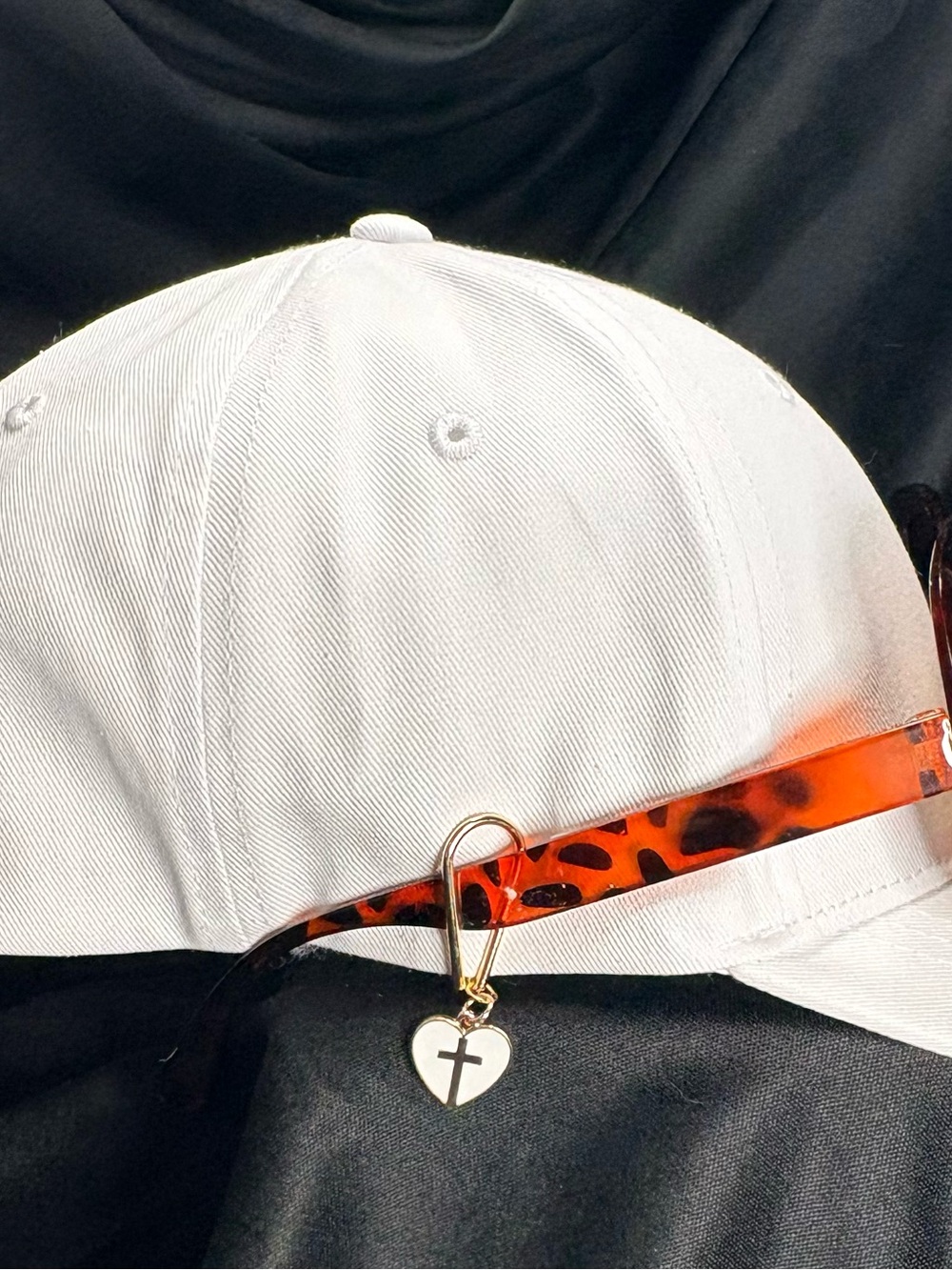 Sunglasses Holder for Baseball Hat with White Heart Cross Charm